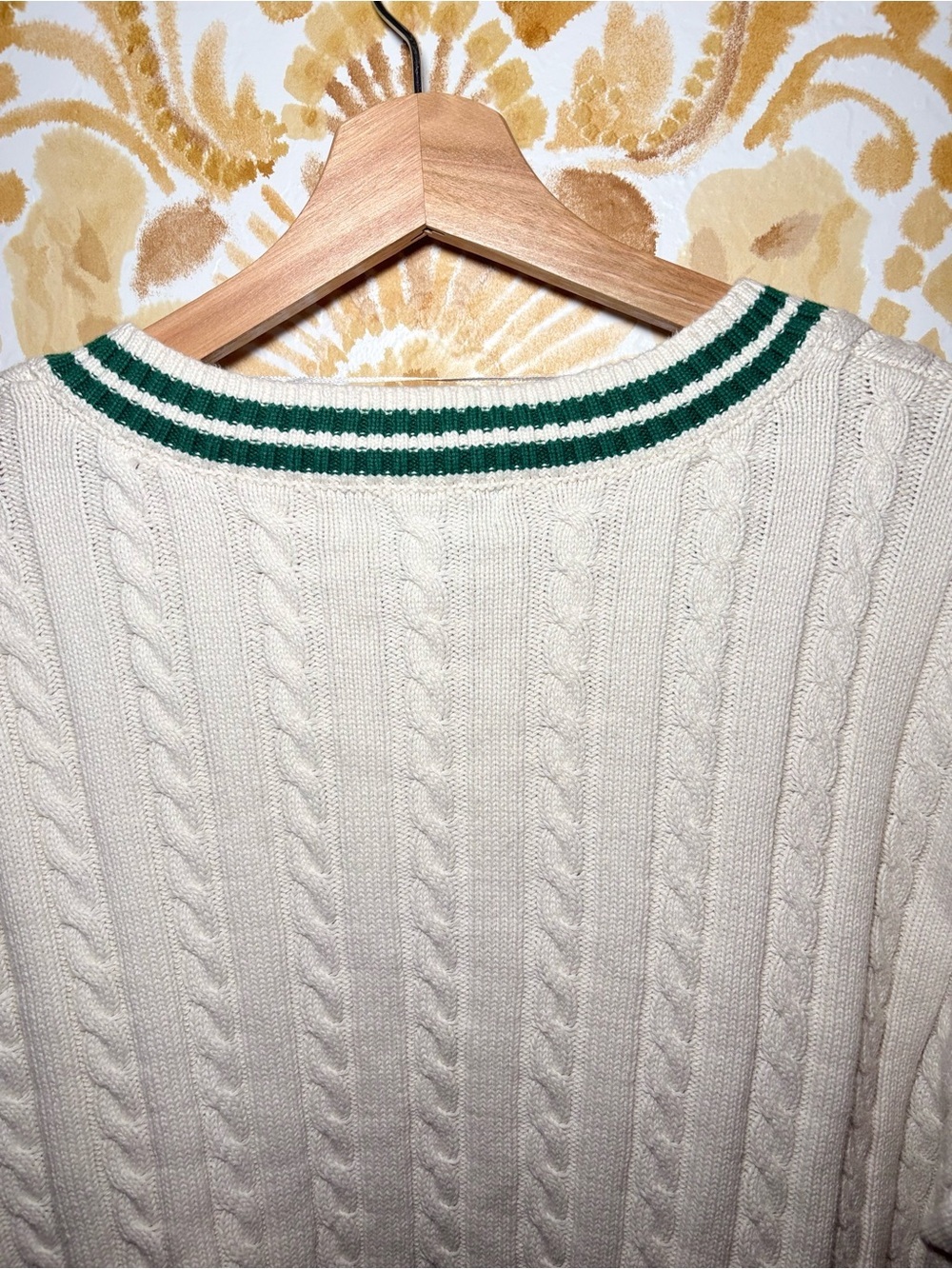 Prince Ivory Cable Knit Cricket Sweater Green Trim V-Neck Preppy TennisPicklebal - Picture 9 of 11